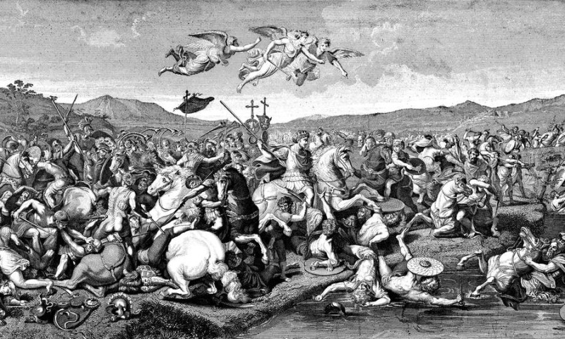 «Сражение у Мульвийского моста между Константином и императором Максенцием». Гравюра, 1882 год.