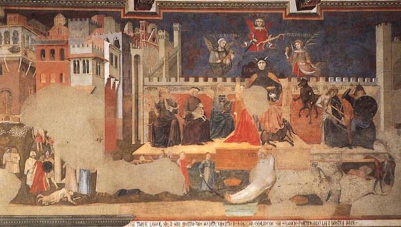 Амброджио  Лоренцетти.  Аллегория Дурное правление (1338), фреска на стене ратуши Сиенны, Италия.